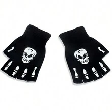 万圣节骷髅印花夜光弹力针织无指手套成人款，秋冬骷髅 - 黑色 - 查看 6