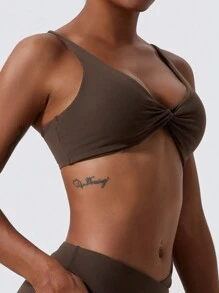 1pc Super Soft Nude Fabric Breathable Sweat Absorbent Yoga Sports Underwear Twisted Chest Design Back Sling Outdoor Workout Leisure Bra Running Fitness Pilates Women - 咖啡棕 - 查看 3