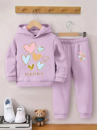 2pcs Young Girl Printed Hooded Sweatshirt And Trousers Set, Suitable For Autumn & Winter