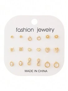 9 件/套女士简约时尚耳钉，金珍珠，水钻，环圈，星形珠宝套装