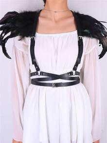 1pc Black Feather Shawl Steampunk Feather Epaulettes With Harness Belt Perfect For Dressing Up In Parties  Vampire Cosplay Props Halloween - Black - View 3