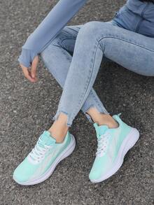 女士透气跑步鞋，针织网眼鞋面，拼色设计，厚底减震，适合慢跑、户外散步和休闲运动 - 薄荷綠 - 查看 7