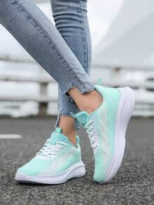 女士透气跑步鞋，针织网眼鞋面，拼色设计，厚底减震，适合慢跑、户外散步和休闲运动 - 薄荷綠 - 查看 5