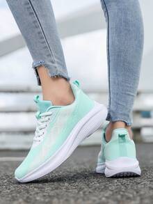 女士透气跑步鞋，针织网眼鞋面，拼色设计，厚底减震，适合慢跑、户外散步和休闲运动 - 薄荷綠 - 查看 3