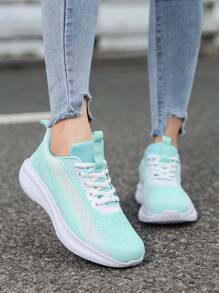 女士透气跑步鞋，针织网眼鞋面，拼色设计，厚底减震，适合慢跑、户外散步和休闲运动 - 薄荷綠 - 查看 1