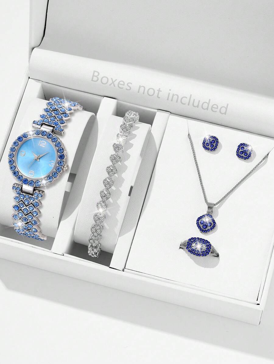 6 件装女士奢华水晶不锈钢石英手表带配套首饰套装 - 彩色 - 查看 1
