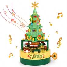圣诞树积木，圣诞音乐盒积木拼装玩具，带音乐圣诞积木音乐盒，可作为男孩和女孩的圣诞礼物，情侣节日礼物，节日派对玩具 - 綠色 - 查看 1