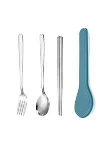 3pcs Stainless Steel Cutlery Set & 1pc Random Color Storage Box,Kitchen,Christmas Gift,School Supplies