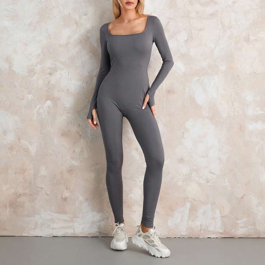 Women Ribbed Knit Jumpsuits Long Sleeve Square Neck Yoga Jumpsuits Bodycon Bodysuit One-Piece Playsuit - 深灰色 - 查看 1
