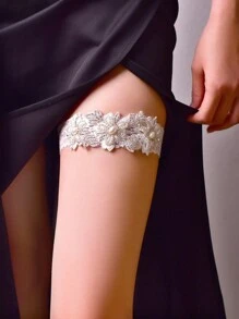 1件优雅珍珠装饰弹力蕾丝新娘吊袜带，手工仿珍珠女士大腿环，性感时尚婚礼配饰，节日，派对 - 白色 - 查看 4