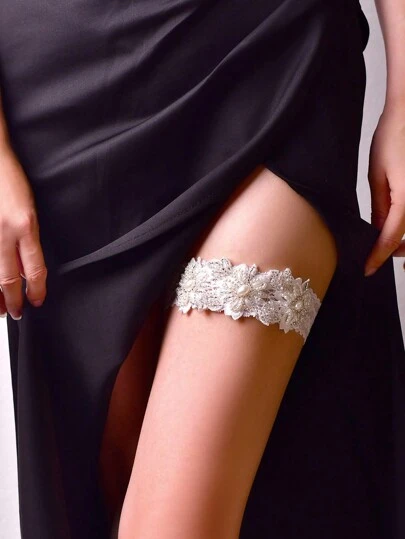 1 件优雅珍珠装饰弹力蕾丝新娘吊袜带，手工人造珍珠女式大腿环，性感时尚婚礼配饰