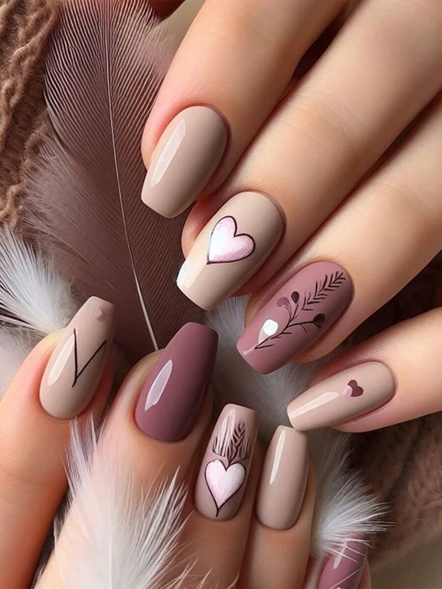 24 片长 T 形按压式指甲，带有心形图案假指甲，搭配 1 个指甲胶和 1 个指甲锉，适合女孩/女士日常佩戴，提升您的外观美甲用品美甲 - 彩色 - 查看 1