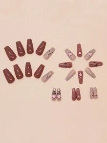 24 片长 T 形按压式指甲，带有心形图案假指甲，搭配 1 个指甲胶和 1 个指甲锉，适合女孩/女士日常佩戴，提升您的外观美甲用品美甲 - 彩色 - 查看 3