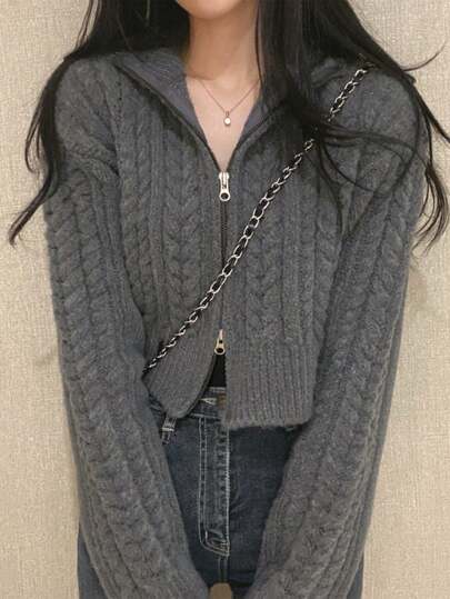 Women's Casual Long Sleeve Dual-Zipper Short Knitted Cardigan