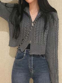 Women's Casual Long Sleeve Dual-Zipper Short Knitted Cardigan