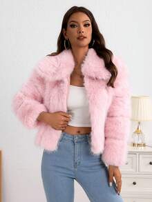 Chaqueta Corta De Pieles Para Mujer,Chaqueta Lisa Unicolor,Chamrrara Con Cierre Delantero,Abrigo Mullido Cálido Para Otoño E Invierno - Rosa - Ver 5