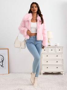 Chaqueta Corta De Pieles Para Mujer,Chaqueta Lisa Unicolor,Chamrrara Con Cierre Delantero,Abrigo Mullido Cálido Para Otoño E Invierno - Rosa - Ver 6