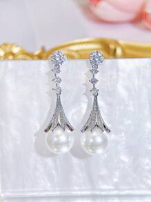 SEQUITO 2 piezas Joyas nobles para la fiesta de bodas de la novia, pendientes de gota con perla y circonia cúbica AAAAA de alta calidad con ajuste engastado en baño de oro blanco