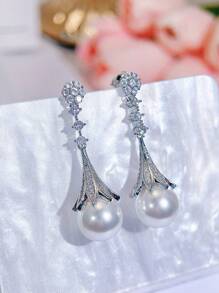 SEQUITO 2 piezas Joyas nobles para la fiesta de bodas de la novia, pendientes de gota con perla y circonia cúbica AAAAA de alta calidad con ajuste engastado en baño de oro blanco