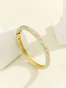 1pc Fashion New Style Gold Plated Flower Pattern Cute Enamel Cloisonne Bracelet Bangle Jewelry For Girls And Women - Green - View 2