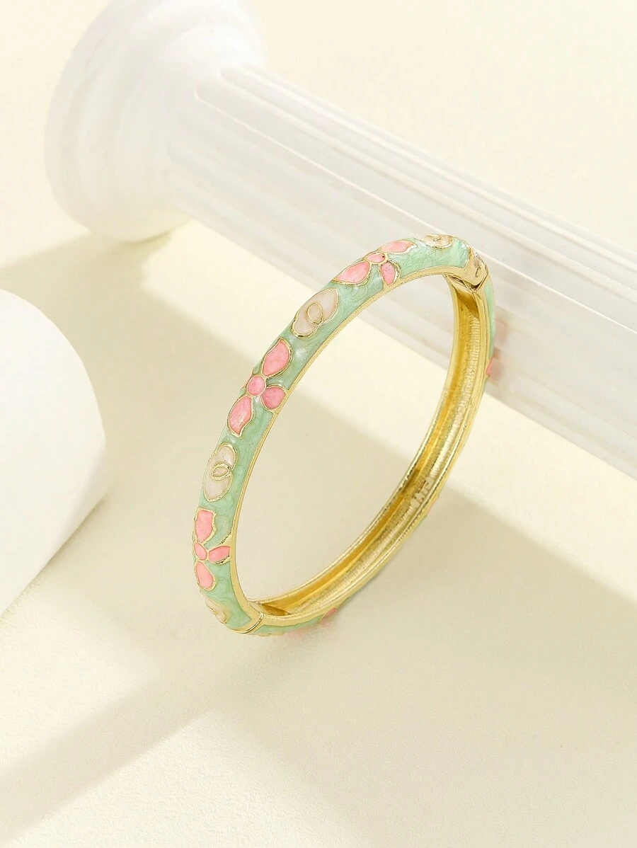1pc Fashion New Style Gold Plated Flower Pattern Cute Enamel Cloisonne Bracelet Bangle Jewelry For Girls And Women - Green - View 1
