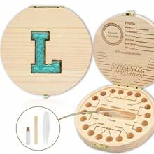 创意首字母木质牙齿收纳盒木质牙盒脐带牙齿收集盒婴幼儿纪念品盒刺绣字母A到Z - 杏色 - 查看 70