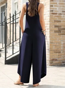 Women Sleeveless Ruched V Neck Flared Wide Leg Overall Jumpsuits With Pockets - Navy Blue - View 3