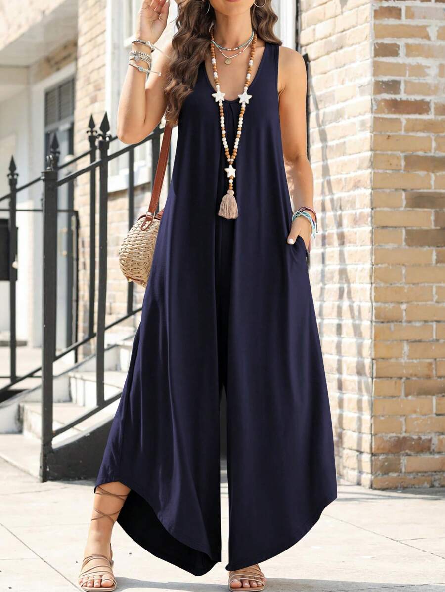 Women Sleeveless Ruched V Neck Flared Wide Leg Overall Jumpsuits With Pockets - Navy Blue - View 1