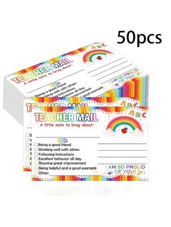 Rainbow Happy Mail Teacher's Classroom Note Cards For Parents, Used For Positive Behavior Encouragement, 50pcs/Pack, Universal Paper Labels For Preschool And Primary School Back To School
