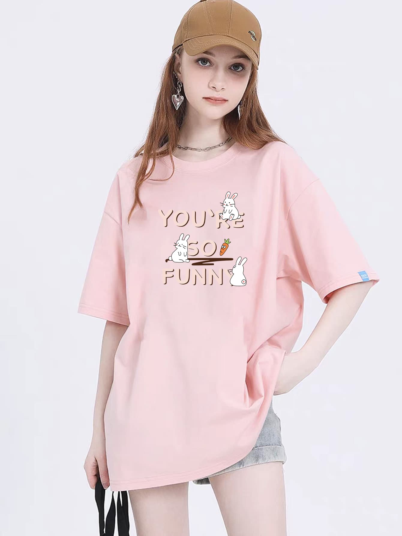 Oversized Women's Premium 100% Cotton Plus-Size T-Shirt - 粉色 - 查看 1