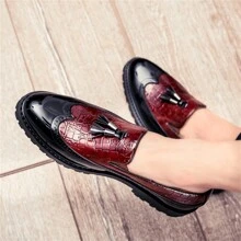 男士时尚流苏乐福鞋，潮流商务休闲鞋，韩版布洛克牛津鞋 - 酒紅色 - 查看 5