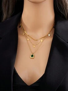 1 chiếc dây chuyền mặt dây chuyền vuông bằng thép không gỉ mạ vàng hai lớp xếp chồng lên nhau - Nhiều màu - Xem 4