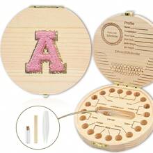 创意首字母木质牙齿收纳盒木质牙盒脐带牙齿收集盒婴幼儿纪念品盒刺绣字母A到Z - 杏色 - 查看 15
