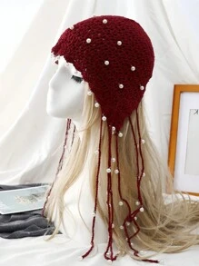 Boho 波西米亚风复古手工流苏时尚球红色针织帽女式保暖头带帽冬季护耳绷带帽针织帽女士保暖户外帽，非常适合滑雪和旅行 - 彩色 - 查看 14