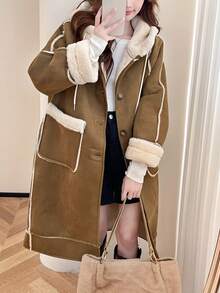 Women's Hooded Suede Jacket With Large Pockets, Long Coat - Brown - View 3