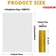 100PCS Cellophane Treat Bags, 8x12cm/10x15/15x20cm/16x24/20x28cm Clear Cellophane Gift Bags With 4" Twist Ties, Clear Bread Bags, Plastic Bags,Cookie Bags, Candy Bags For Treats Gifts Giving Birthday Party Favors