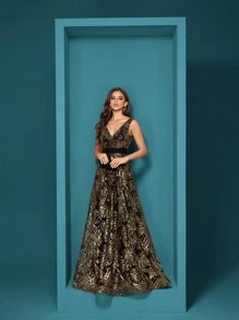 XUIBOL Women's Sequined Embroidery Fitted V-Neck Sleeveless Floor Length Formal Evening Gown, Elegant And Sophisticated For Party, Banquet, Ball (Heavily Decor) Party Dress Wedding Guest Dress Evening Dress - 金色 - 查看 7