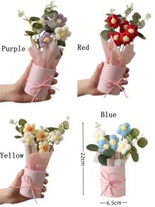 1 Set Handmade Knit Yarn Artificial Flower Bouquet With 5pcs Crochet Flowers, Fabric Knitted Flowers, Plastic Barrel, Packaging Paper Suitable For Birthday Or Anniversary Gift For Mom,Women, Bestie, Friend, Mother'S Day Gift, Valentine'S Day Gift, Birthday Gifts, Home Table Decoration, Valentine Day, Gift,Fake Plants