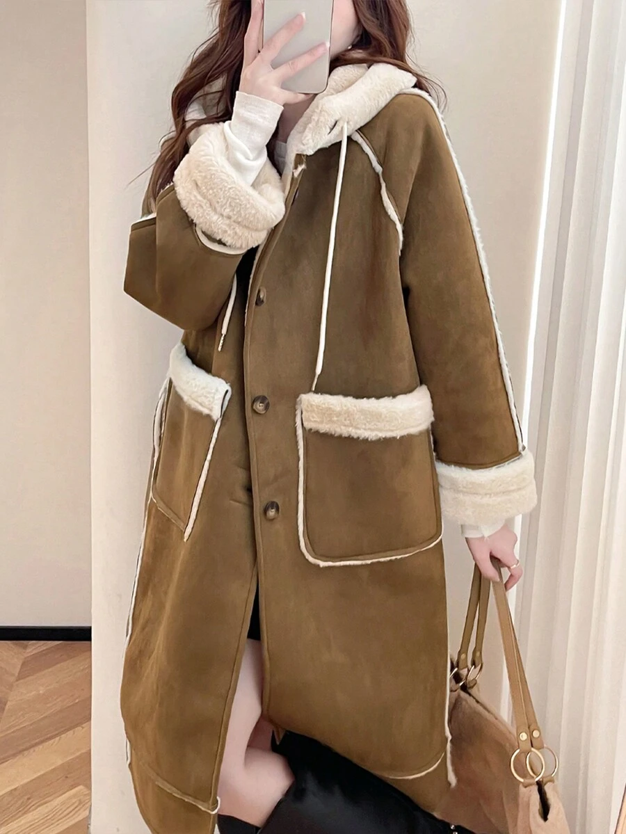 Women's Hooded Suede Jacket With Large Pockets, Long Coat - Brown - View 1