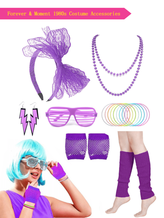 Forever & Moment 7 PCS 80s Fancy Dress Costumes Accessories 1980s Fancy Style Neon Dresses Party Sets For Women Neon Shutter Sunglasses Necklace Waist And Leg Warmer Earring Handband Dance Prom Halloween