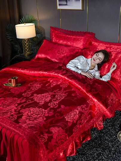 4pcs European Satin Jacquard Bedding Set (1pc Quilt Cover + 1pc Bed Skirt + 2pcs Pillowcase), Soft Brushed Fabric, Breathable, Suitable For Bedroom, Guest Room, Dorm, All Seasons