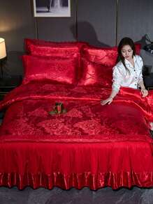 Set de lenjerie de pat jacquard din satin european de 4 buc (1 husă de pilota + 1 fustă de pat + 2 fete de pernă), țesătură moale periată, respirabilă, potrivit pentru dormitor, cameră de oaspeți, dormitor, toate anotimpurile - Florile înfloresc - roșu mare - Vizualizare 7