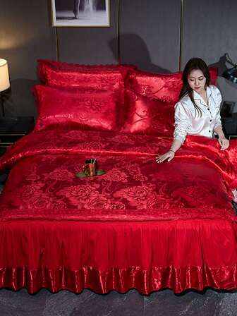 4pcs European Satin Jacquard Bedding Set (1pc Quilt Cover + 1pc Bed Skirt + 2pcs Pillowcase), Soft Brushed Fabric, Breathable, Suitable For Bedroom, Guest Room, Dorm, All Seasons