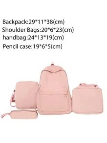 3pcs/4pcs Set, Backpack, Shoulder Bag, Crossbody Bag, Tote Bag, Clutch, Pencil Case, Nylon Material, Large Capacity, Solid Color, Contrast Color, Fashion Casual, Versatile Minimalist, Suitable For School, Work, Travel, Back To School, Graduation, Travel Essentials, Large Capacity, Unisex, Customizable Name, New Year Charm, Commuter Backpack, Anti-Theft - Pink - View 8