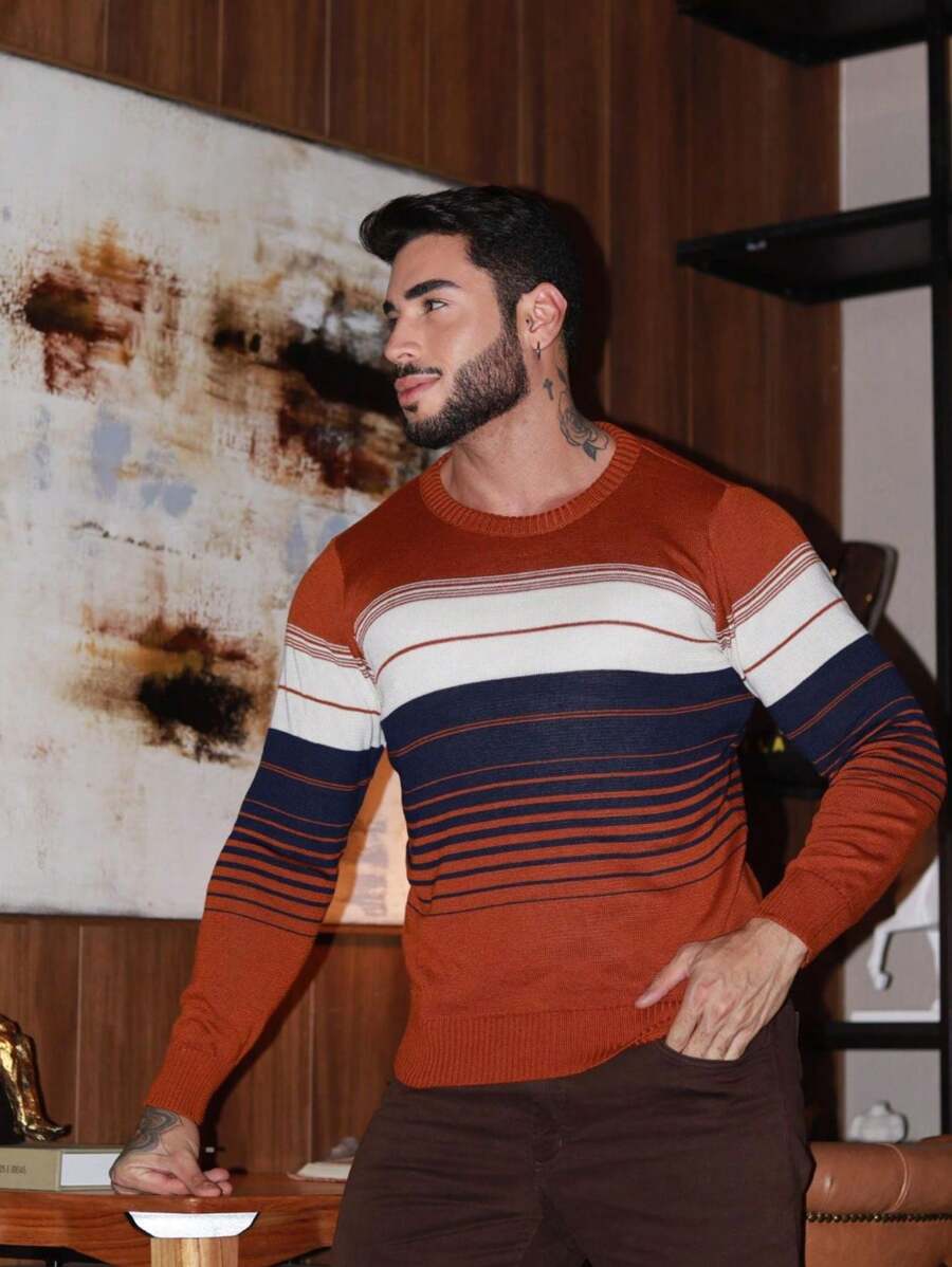 Vinicius Sweatshirt Knitting Men's Basic Stripes Blouse - Bronze - View 1