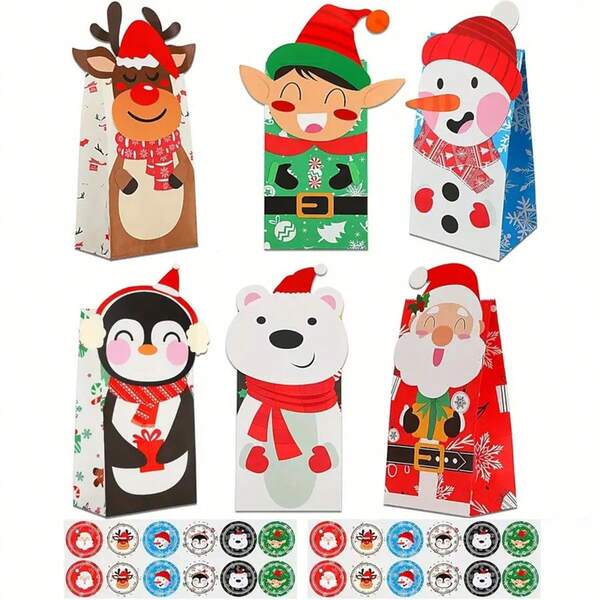 24 Pieces Christmas Gift Bags With 24 Pieces Stickers, Christmas Candy Treat Bags, Xmas Cookies Wrapping Bags, Craft Paper Bags For Holiday Partty Favors Christmas Christmas Decor Christmas Decorations Christmas Bags Christmas Gifts