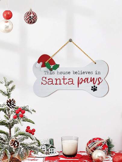 1Pc/200Pcs Dog Bone Shaped Wood Christmas Wall Hanging Sign For Xmas Party Decor,This House Believes In Santa Paws Wood Dog Sign Holiday Home Door Decor