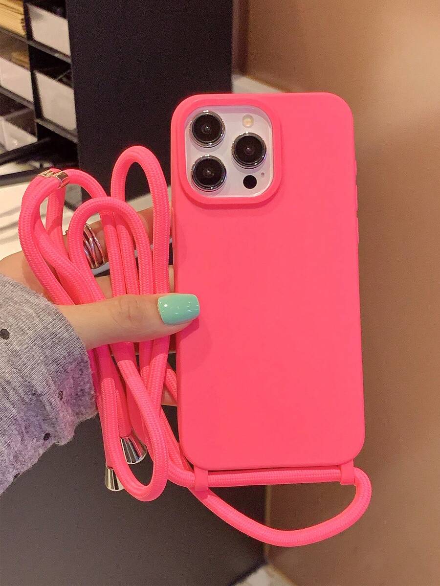 Large Hole Diagonal Strap Anti-Drop Phone Case Compatible With IPhone 11, 12, 13, 14, 12 Pro Max, 13 Pro Max, 15, 15 Pro, 15 Plus, 15 Pro Max, 16, 16 Pro, 16 Plus, 16 Pro Max - Hot Pink - View 1