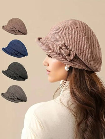 1pc Warm Plaid Bucket Hat, Fashionable Cold-Proof Beret For Women, Ideal Outdoor Accessory, Suitable For All Seasons, Includes Drawstring For Adjustable Size