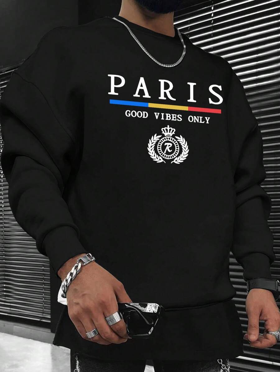 Hombres Sudadera con estampado de letra - Negro - Ver 1